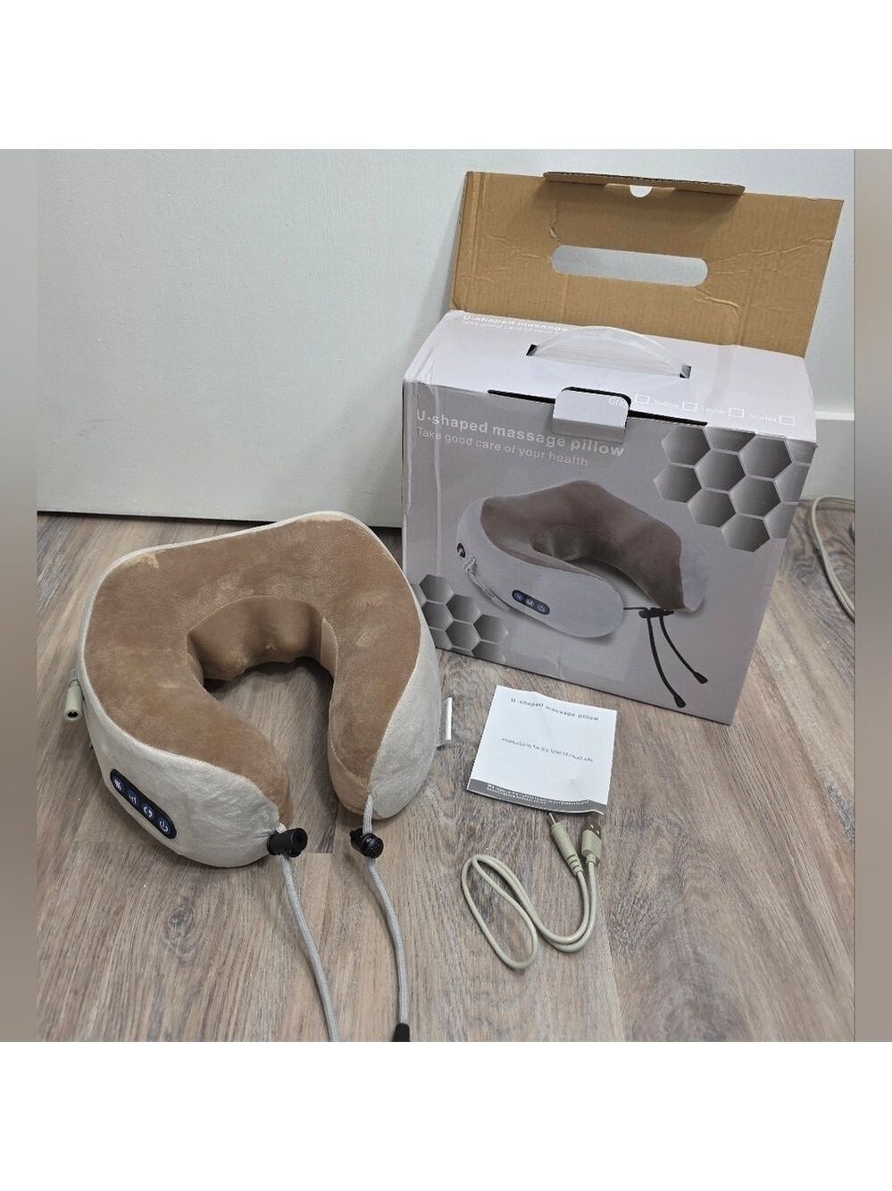 U-Shaped Neck Massage Pillow Plush Beige/Taupe USB Massager - New In Box